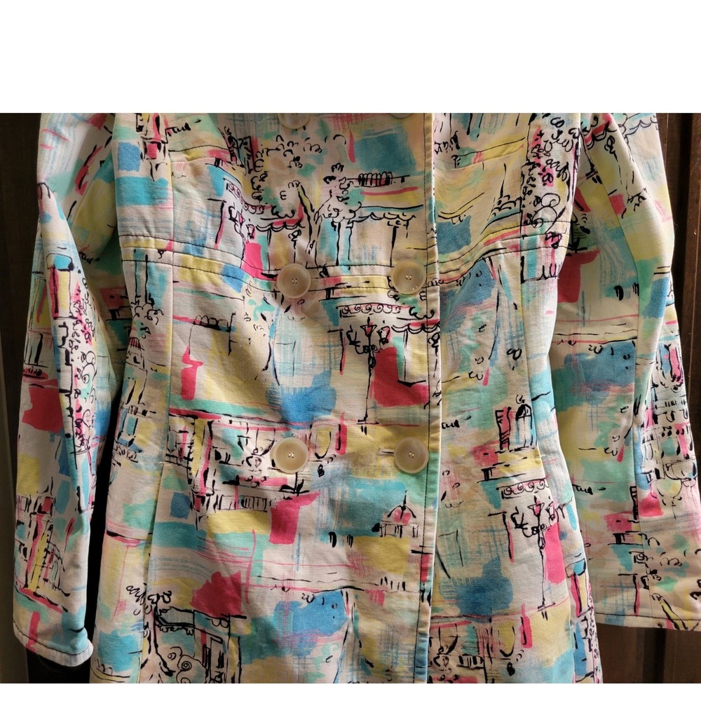 i.e. Womens Abstract Cityscape Print Cotton Trench Coat Pastel Double Breasted S - Picture 3 of 12